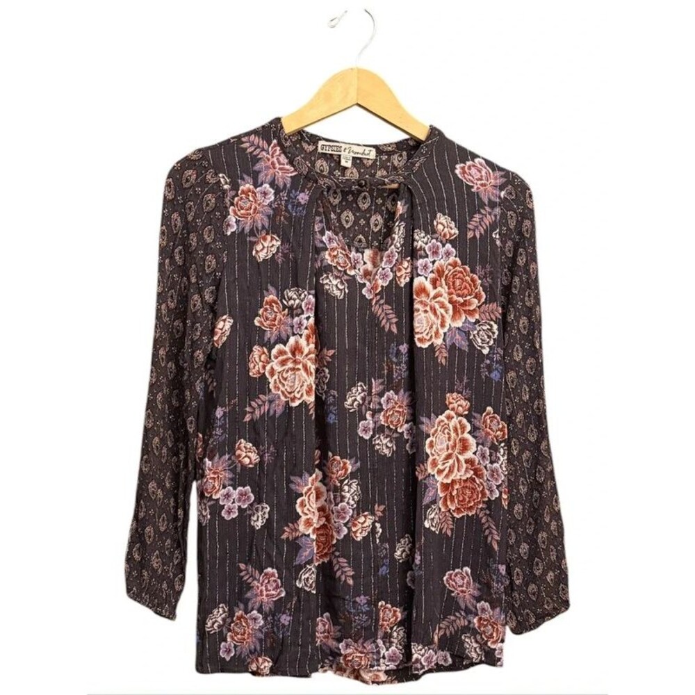 Gypsies & Moondust Black Floral Tie-Neck Blouse with Floral Print Size Large